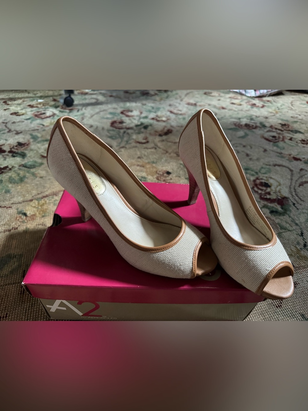AEROSOLES Beige Peep-Toe Pumps with Tan Trim